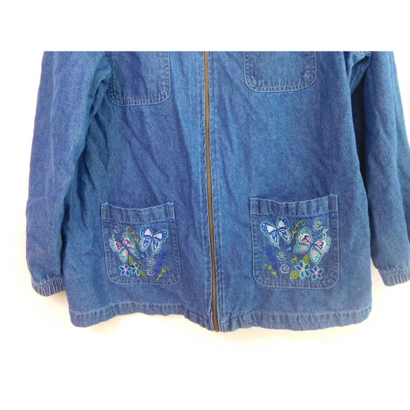 BLAIR Womens Denim Blue Jean Jacket Dark Wash Sz Large Full Zipper w Butterflys - Picture 4 of 6